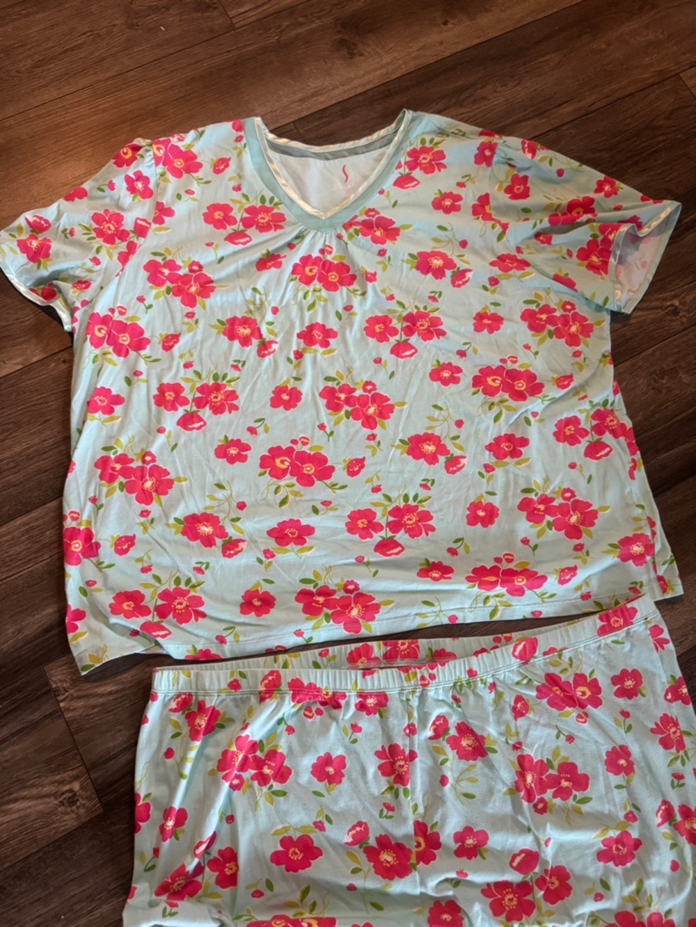 Serenada 4X Pajama Set Mint Pink Floral Satin Trim 30/32W Soft Lounge 2PC - Picture 2 of 10